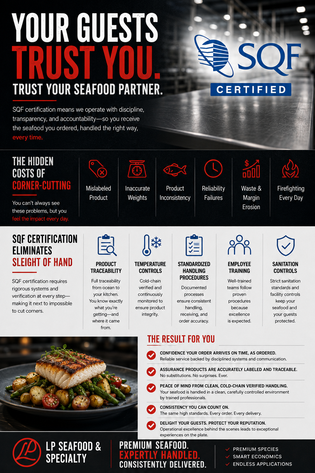 Infographic promoting SQF certification for a seafood partner, with bold headline 'Your Guests Trust You', SQF logo, icons for traceability, temperature control, standardized handling, employee training, and sanitation controls, and a plated fish dish at the bottom.